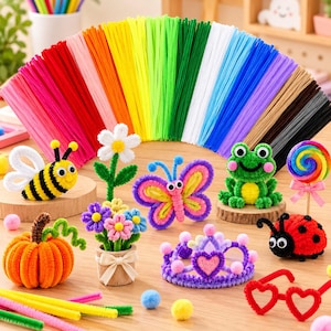 May include: A large fan-shaped arrangement of multi-colored pipe cleaners behind various pipe cleaner crafts including a bee, a flower, a butterfly, a frog, a lollipop, a pumpkin, a potted flower bouquet, a crown, and heart-shaped glasses.