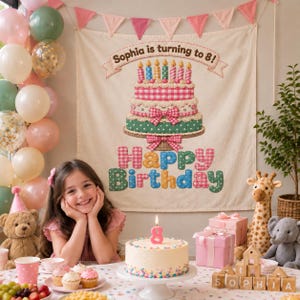 May include: A cream-colored fabric banner featuring a three-tiered birthday cake illustration, the text "Sophia is turning to 8!", and "Happy Birthday" in colorful, patterned letters. The banner is decorated with pink and green balloons.
