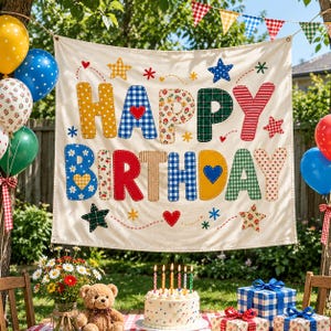 May include: A cream-colored fabric banner featuring the text HAPPY BIRTHDAY in large, multi-patterned, colorful letters. The design includes various floral, plaid, and polka dot prints, accented with small stars and hearts.