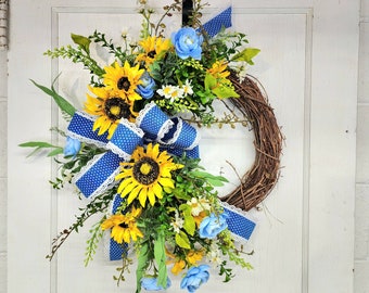 Sunflower and Ranunculus Spring Summer Wreath -22-inch Artificial Floral Decor