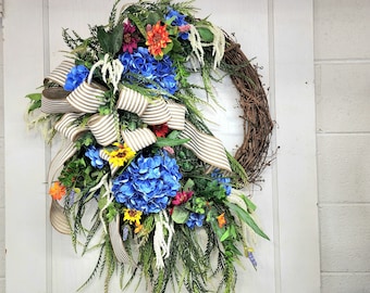 Everyday Spring Summer Floral Grapevine Wreath Wreath, Blue Hydrangea Wreath, Spring Flower Wreath, Double Door Wreaths