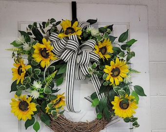 Rustic Summer Floral Wreath For Door, Summer Grapevine Wreath, Sunflower Wreath, Handmade Floral Wreath