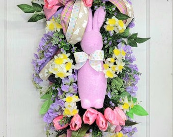 Easter Bunny Swag Wreath, Fuzzy Pink Easter Bunny Wreath, Spring Floral Swag with Easter Bunny