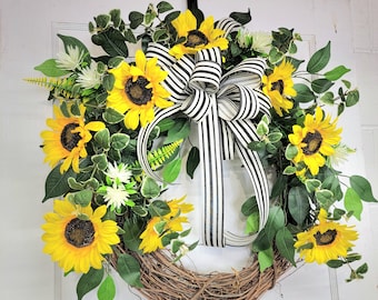 Spring Sunflower Grapevine Wreath For Front Door, Spring Greenery Wreath with Sunflowers, Sunflower Summer Wreath