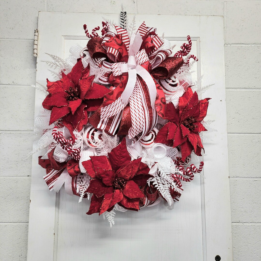 Red and White Christmas Wreath for Front Door, Peppermint Poinsettia ...