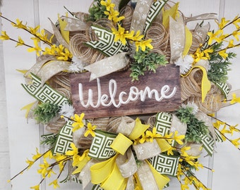 Yellow Forsythia Spring Summer Wreath with Rustic Welcome Sign, Artificial Floral Decor