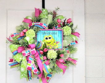 Spring Tulip Wreath, Spring Welcome Frog Wreath, Floral Wreath For Front Door, Pink Tulips For Spring