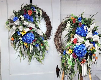 Double Door Everyday Spring Summer Floral Grapevine Wreath Wreath, Blue Hydrangea Wreath, Spring Flower Wreath