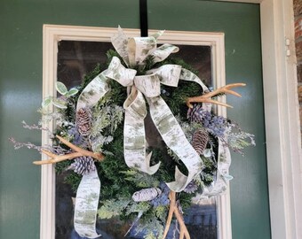 Farmhouse Wreath For Front Door, Winter Greenery Wreath, Everyday Wreath, Natural Greenery Pine Wreath with Antlers, Farmhouse Decor