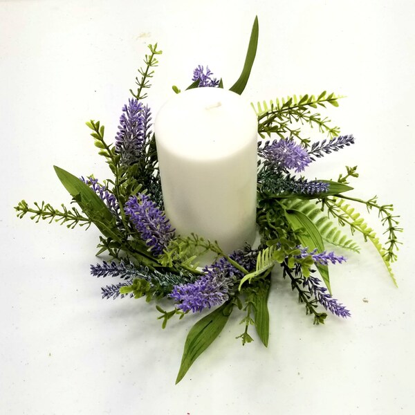 Summer Lavender Candle Ring, Mini Wreath, Lavender Center Piece, Farmhouse Candle Ring