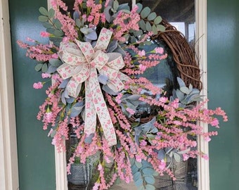 Spring Wreath For Front Door, Pink Grapevine Wreath, Spring Floral Wreath, Mother's Day Wreath, Lamb's Ear Wreath