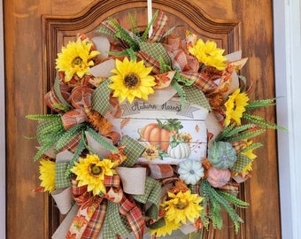 Fall Wreath for Front Door, Pumpkin Fall Wreath, Sunflower Fall Wreath, Autumn Wreath, Fall Leaves Wreath, Harvest Wreath