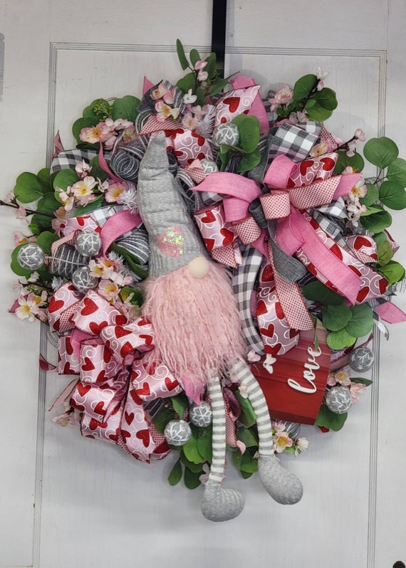 Valentine Wreath For Front Door, Valentine Gnome Wreath,Spring Garden Artificial Floral Wreath Valentines Decor, Pink and Gray Spring Wreath