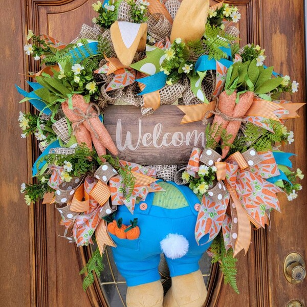 Bunny Wreath For Front Door, Easter Wreath, Country Welcome Wreath, Spring Garden Wreath, Large Wreath For Easter, Whimsical Bunny Bottom