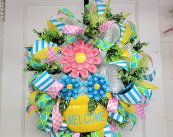 Colorful Handmade Spring Wreath for Front Door, Mothers Day Gift, Summer Wreath for Door, Welcome Wreath