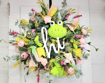 Frog-Themed Spring Wreath - Handcrafted Pink & Green Floral Door Decor