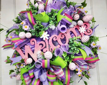 Handmade Spring Welcome Wreath, Vibrant Purple and Lime Green Faux Florals, Spring Floral Wreath For Front Door
