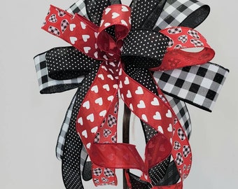 Black and Red Valentines Bow For Lantern, Wreath Bow, Valentines Heart Decor, Mailbox Bow, Candle Bow, Mantle Decor