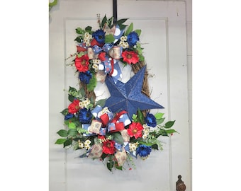 Americana Wreath, Patriotic Star Wreath For Front Door, Colonial Wreath, Patriotic Grapevine Wreath, Military Wreath, Memorial Day Wreath