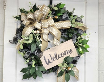 Any Season Welcome Wreath, Farmhouse Welcome Wreath, Front Door Wreath, Country Rustic Door Decor