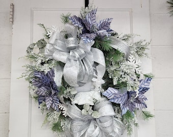 Christmas Poinsettias Wreath, Silver and Blue Winter Wreath, Blue Christmas Wreath for Front Door, Blue Christmas Decor