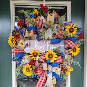 Summer Sunflower Wreath for Front Door, Geranium Summer Wreath, Deco Mesh Wreath, Country Summer Wreath