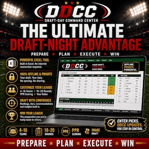 May include: A laptop displaying the Draft-Day Command Center software interface, featuring a spreadsheet for fantasy football draft management with player rankings, team rosters, and draft board tools against a stadium background.