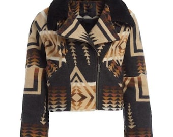 Dutton Ranch Beth Inspired Dutton Kelly Reilly Aztec Pattern wollen pilotenjas met kraag van schapenvacht
