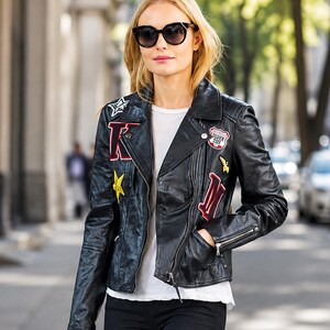 Men’s Black Leather Biker Jacket with Embroidered Patches Vintage Motorcycle Moto Style