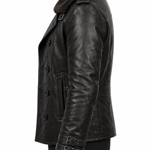 Men's Black Leather Peacoat | Double-Breasted Fur Collar Biker Jacket