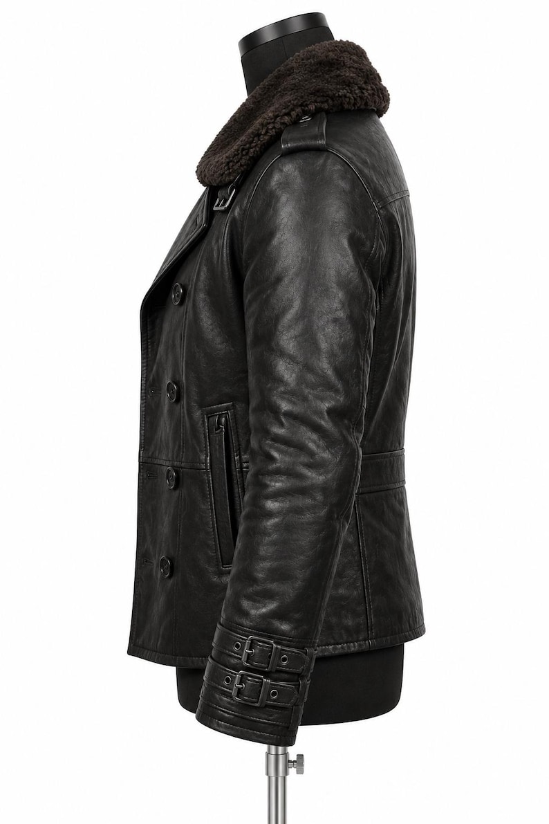 Men's Black Leather Peacoat | Double-Breasted Fur Collar Biker Jacket