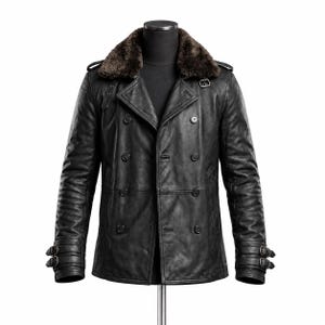 Men's Black Leather Peacoat | Double-Breasted Fur Collar Biker Jacket