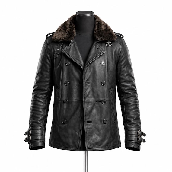 Men’s Black Leather Fur Collar Jacket | Vintage Double Breasted Winter Coat | Military Biker Peacoat | Retro Motorcycle Outerwear