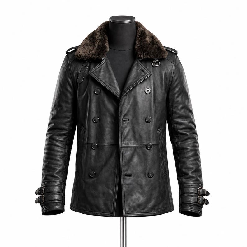 Men's Black Leather Peacoat | Double-Breasted Fur Collar Biker Jacket
