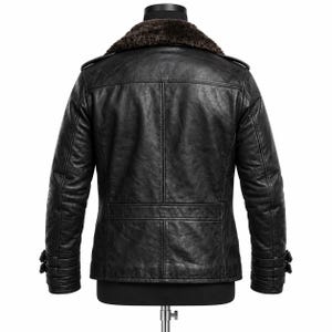 Men's Black Leather Peacoat | Double-Breasted Fur Collar Biker Jacket