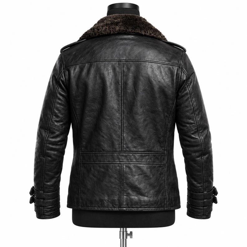 Men's Black Leather Peacoat | Double-Breasted Fur Collar Biker Jacket