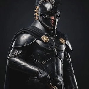 Pode incluir: Um capacete preto de estilo espartano com uma crista alta e uma armadura preta completa com ombreiras, peitoral e uma capa escura presa com dois broches dourados de cabeça de leão. A armadura tem um acabamento desgastado e uma espada.