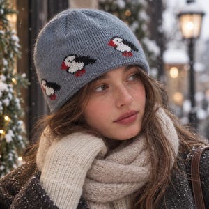 Puffin Bird Knit Beanie – Wool-Blend Winter Hat for Warm Everyday Headwear