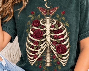 Floral Skeleton PNG, Rose Ribcage Halloween Design, Gothic Botanical Sublimation, Spooky Fall Shirt Digital Download
