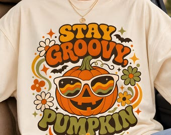 Stay Groovy Pumpkin PNG, Retro Halloween Design (Digital Download)