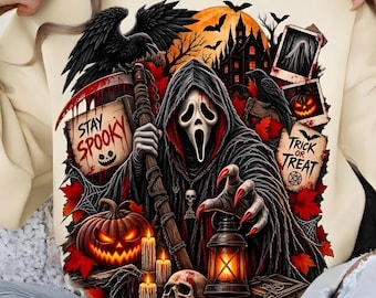 Halloween Horror PNG, Sublimation, Hooded Scary Mask, Gothic Vintage Ghost Face, Spooky Reaper Tee