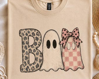 Preppy Boo Ghost PNG, Leopard Print, Pink Bow, Gingham (Digital Download)