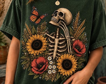 Floral Skeleton PNG, Botanical Gothic Design, Boho Skull Shirt Graphic