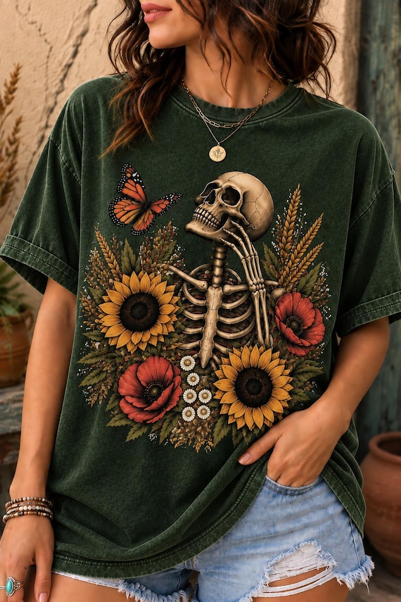 Floral Skeleton PNG, Botanical Gothic Design, Boho Skull Shirt Graphic