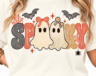 Retro Preppy Spooky Ghost PNG, Cute Halloween Coquette Bow Design, Fall Clipart, Aesthetic Autumn Shirt Graphic, Digital Download