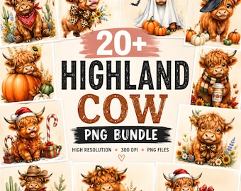20+ Highland Cow PNG Bundle, Rustic Christmas, Halloween, Fall Designs (Digital Download)