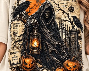 Grim Reaper Halloween PNG, Gothic Horror Design, Vintage Spooky Sublimation