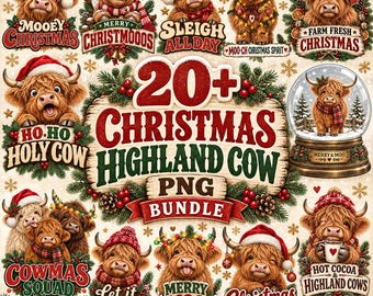 20+ Christmas Highland Cow PNG Bundle, Rustic Christmas Cow Designs, Winter PNG Bundle, Cow Lover Gift, Holiday DTF Download