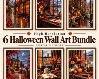 6 Halloween Wall Art Prints, Vintage Fall Dark Academia Decor (Digital JPG Download)