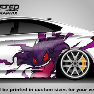 May include: A white car side panel decal featuring a purple Gengar character graphic with red eyes and a wide grin, surrounded by jagged purple energy effects. The text SHIFTED SG GRAPHIX appears in the top left corner of the image.